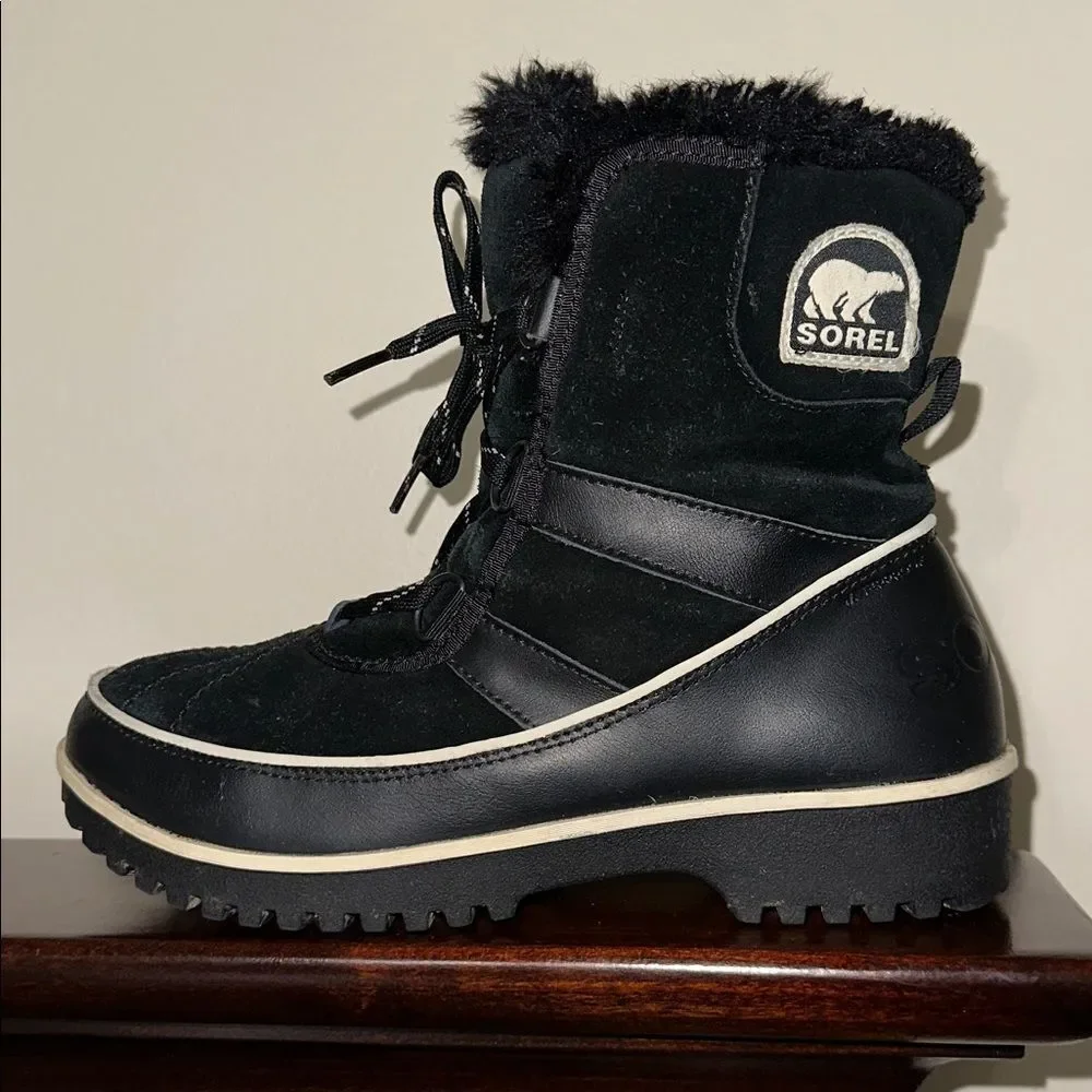 SOREL 7.5 Women’s Black White Trim Leather Suede Tivoli II Faux Fur Ankle Boots